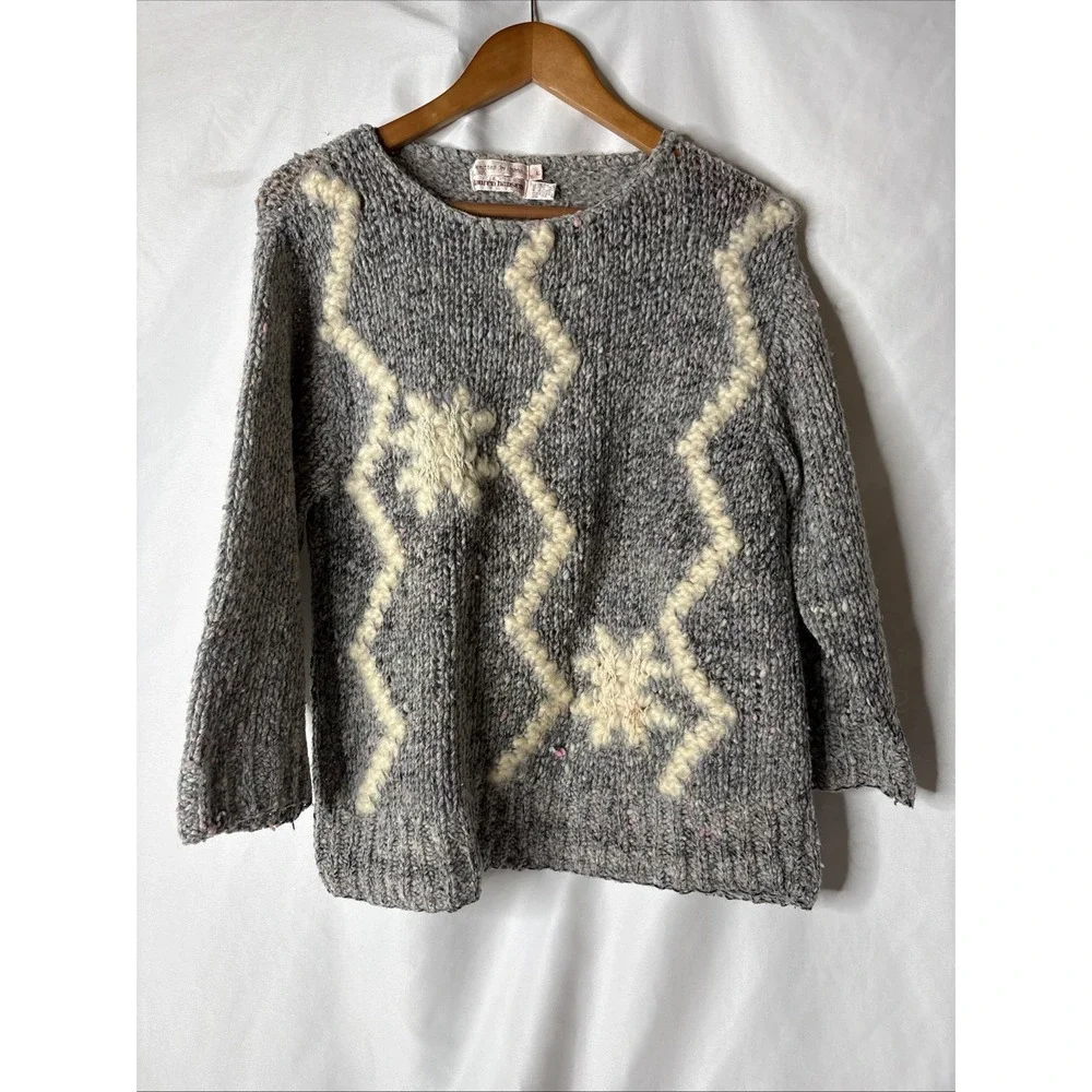 Vtg Lauren Hansen‎ Women L Chunky Hand Knit Wool Sweater Gray 3/4 Sleeve - Picture 5 of 9